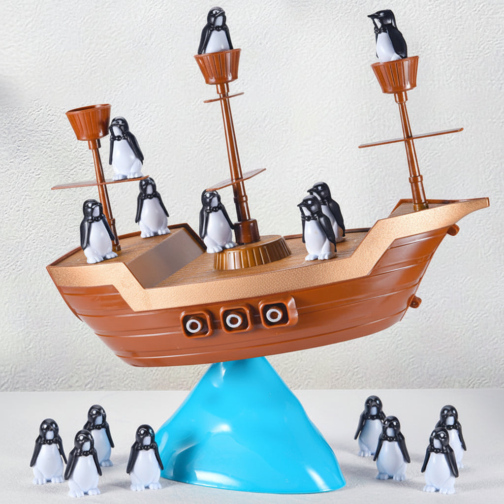 Pinguin-Stapel-Balance-Brettspiel für Kinder auf einem Piratenschiff