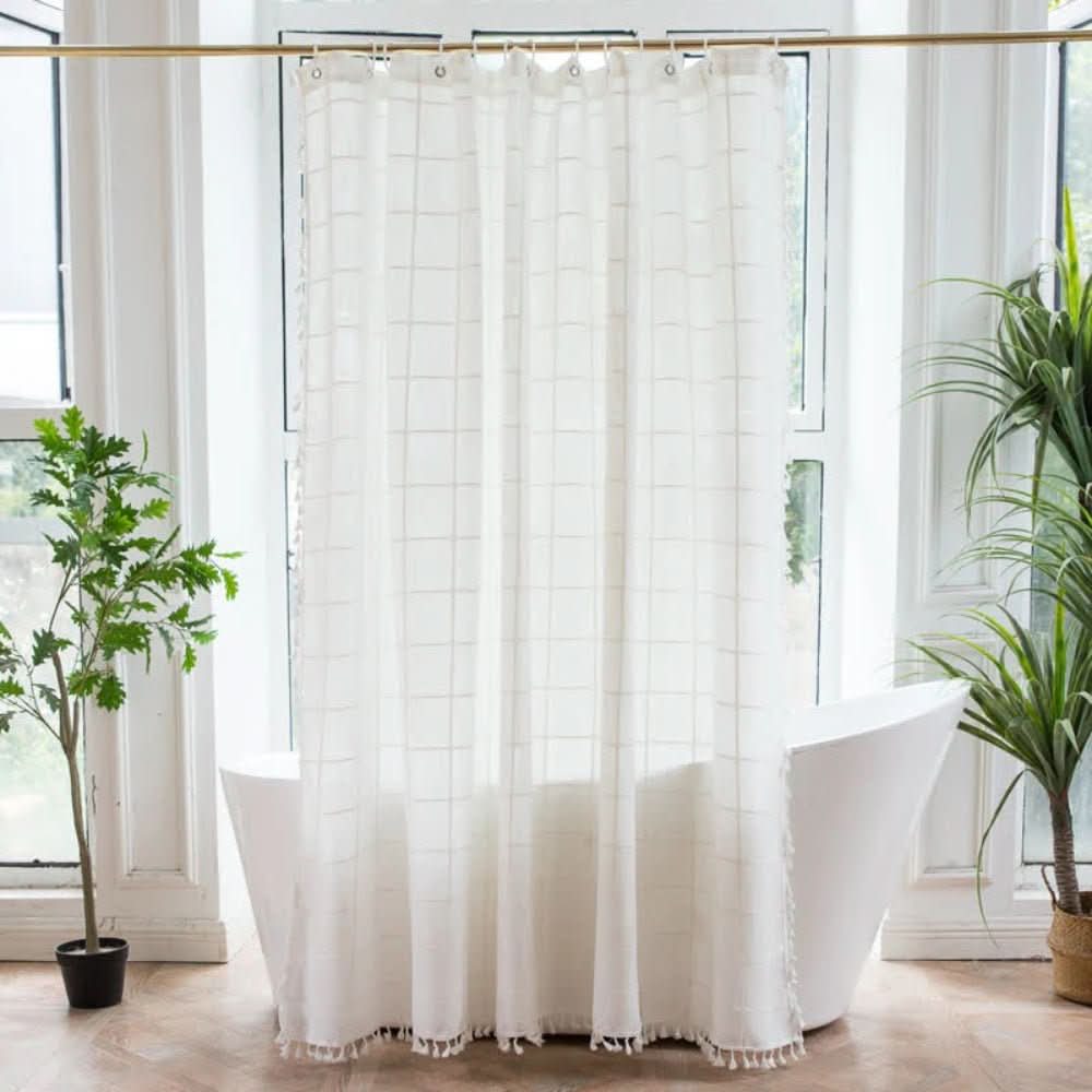 Rideau de douche en coton doux CloudWeave avec franges pour salles de bains cosy