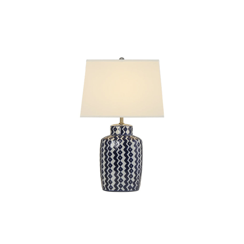 Astra blå og hvid porcelænsbordlampe med satin-nikkel finish