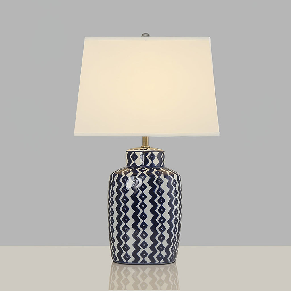 Astra blå og hvid porcelænsbordlampe med satin-nikkel finish