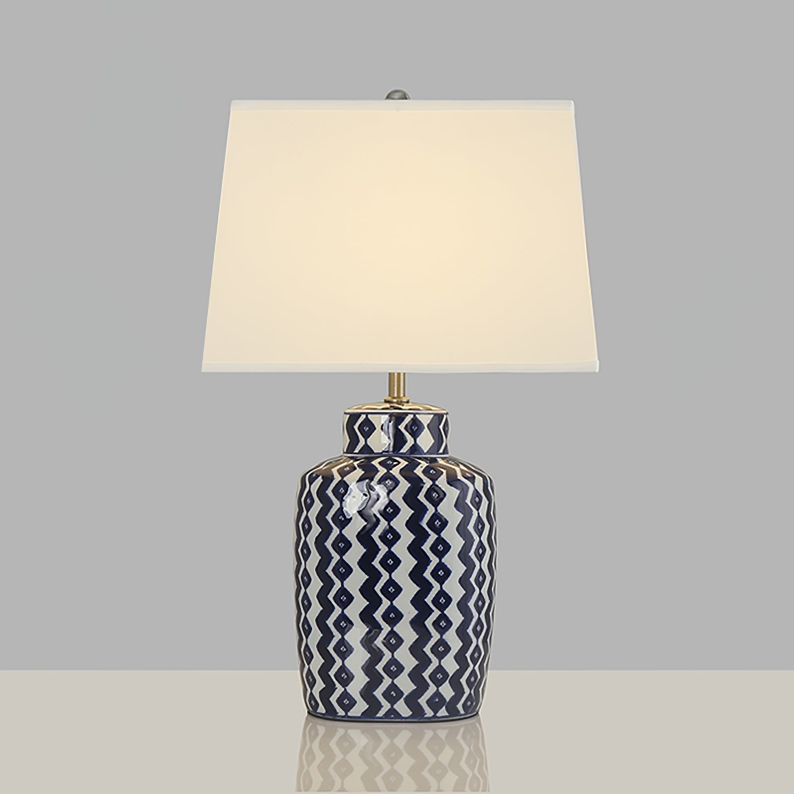 Astra blå og hvid porcelænsbordlampe med satin-nikkel finish