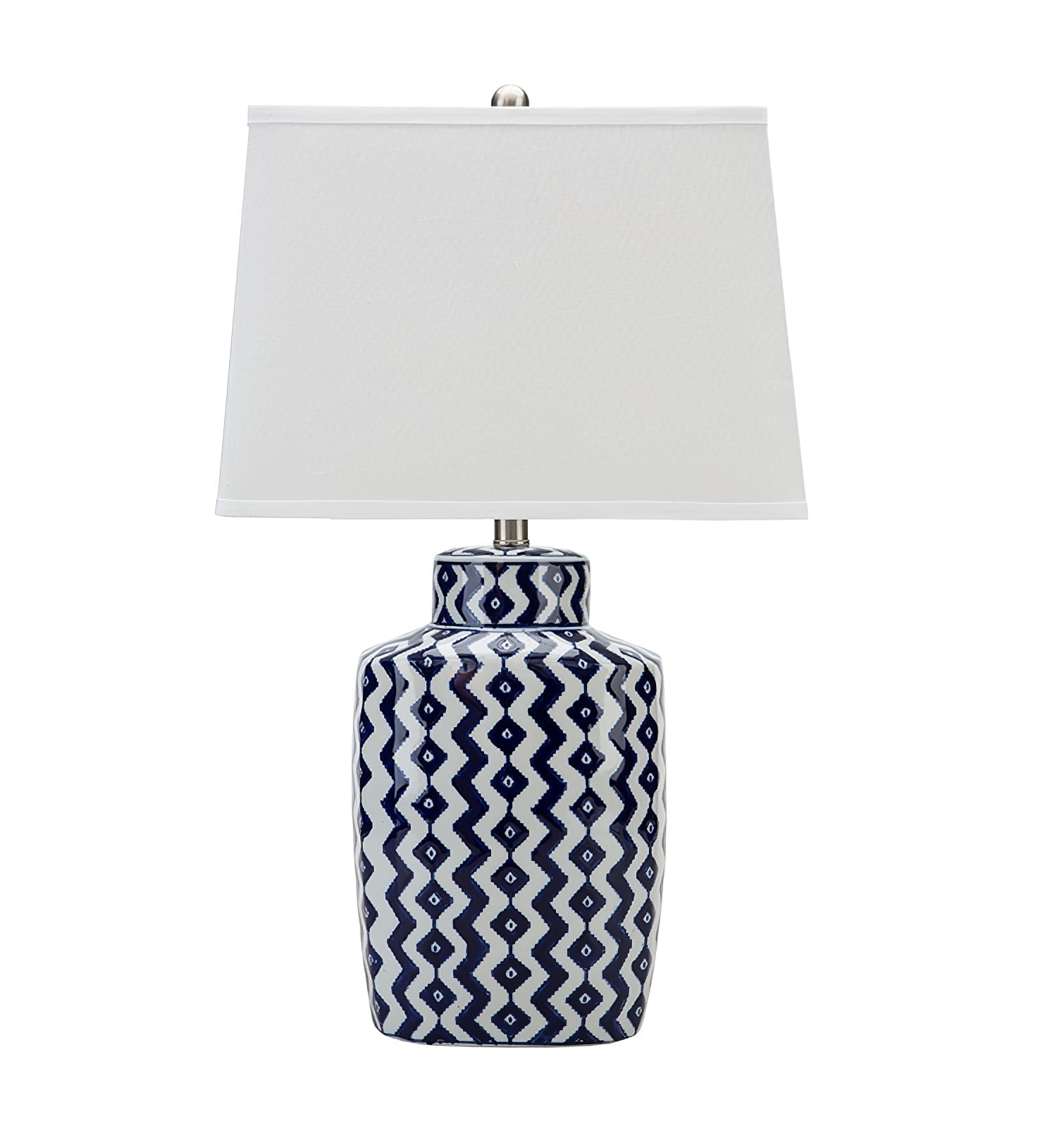 Astra blå og hvid porcelænsbordlampe med satin-nikkel finish