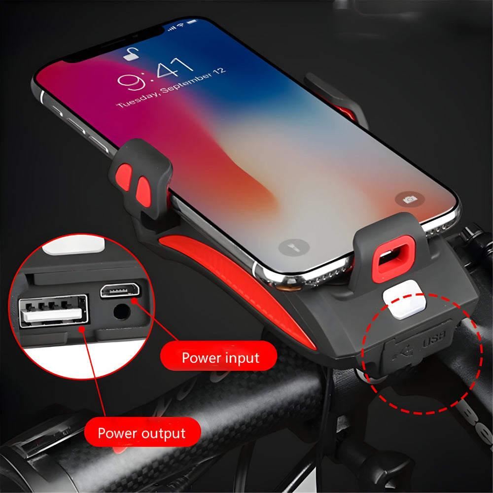 All-in-One-Fahrradlicht mit Telefonhalterung, Hupe und Powerbank