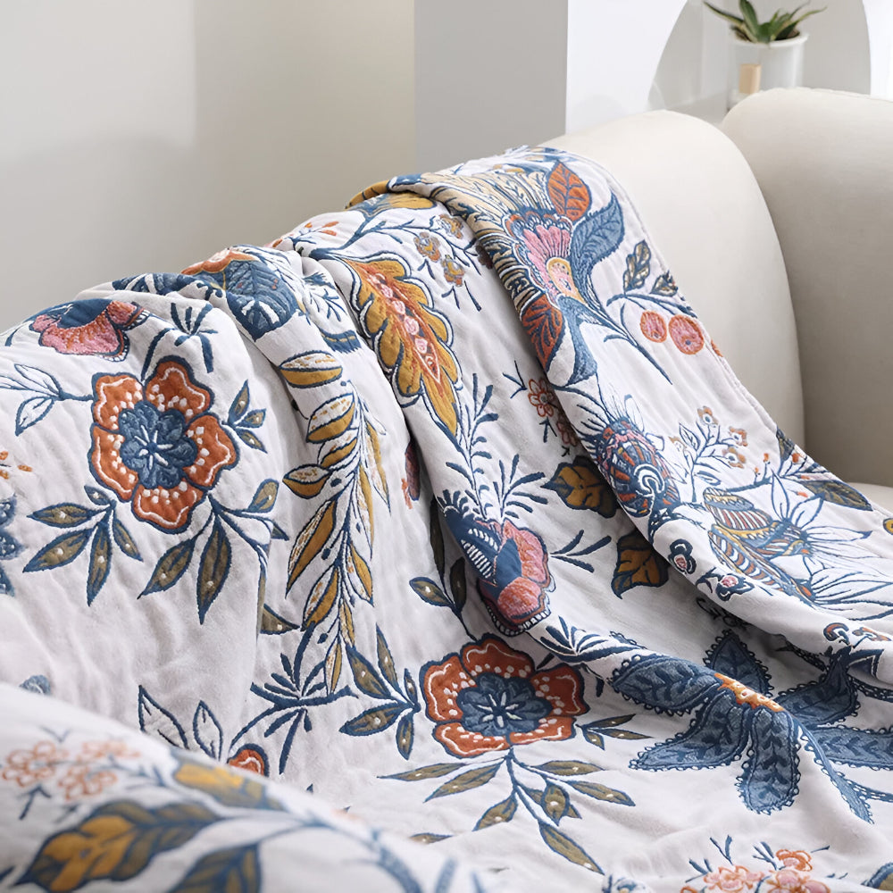 Floral Reversible Blanket Throw With Decorative Tassel Trim