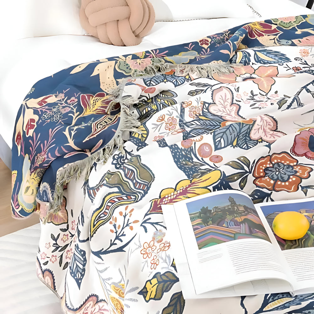 Floral Reversible Blanket Throw With Decorative Tassel Trim