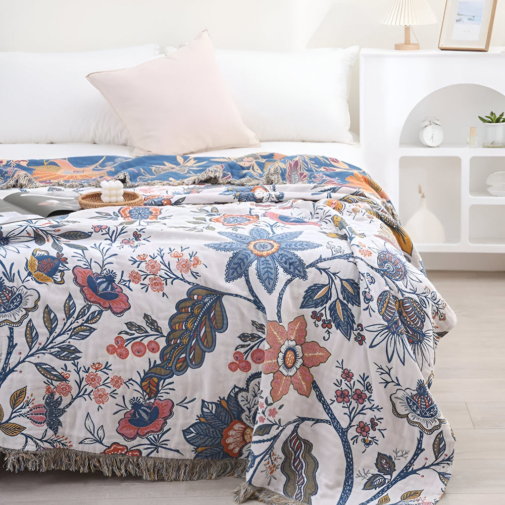 Floral Reversible Blanket Throw With Decorative Tassel Trim
