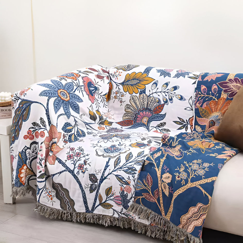 Floral Reversible Blanket Throw With Decorative Tassel Trim