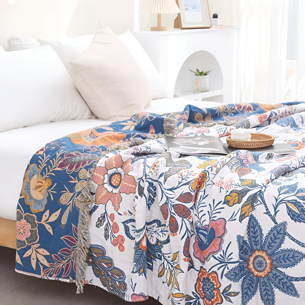 Floral Reversible Blanket Throw With Decorative Tassel Trim