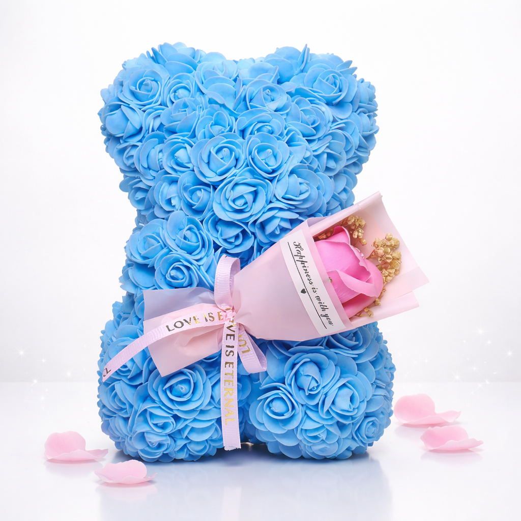 Dekorace na stůl Rose Bear s umělými růžemi pro valentýnský dárek a vystavení
