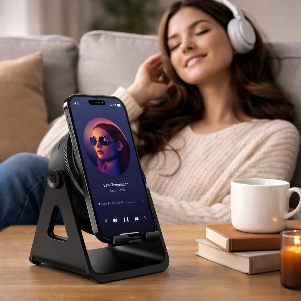 Kabelloses Ladegerät mit Bluetooth-Lautsprecher und induktivem Handyhalter