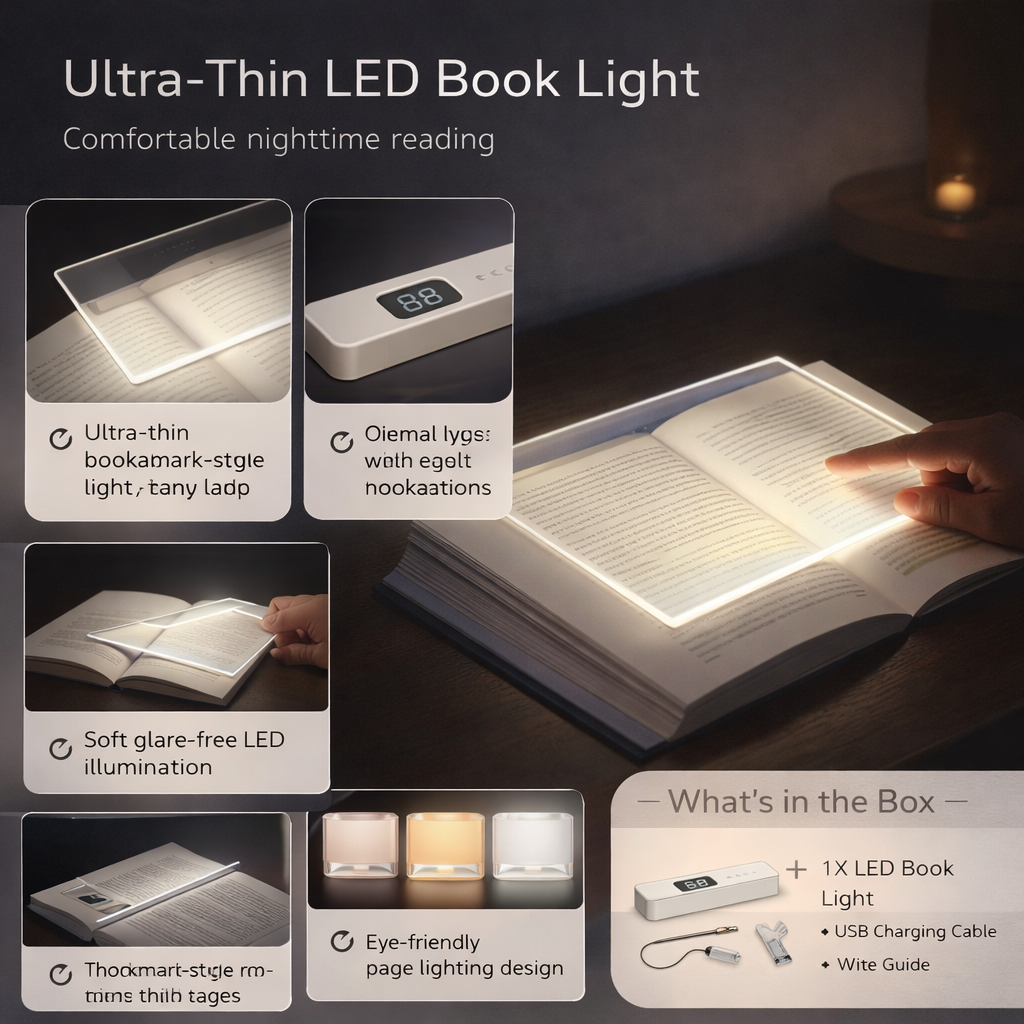 מנורת קריאה LED דקה במיוחד עם טעינה מחדש באמצעות USB