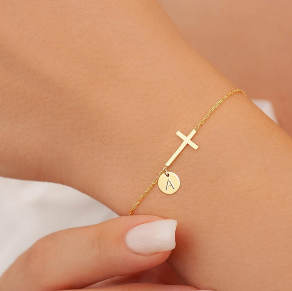 Mother's Day Cross Initial Bracelet With Adjustable Chain