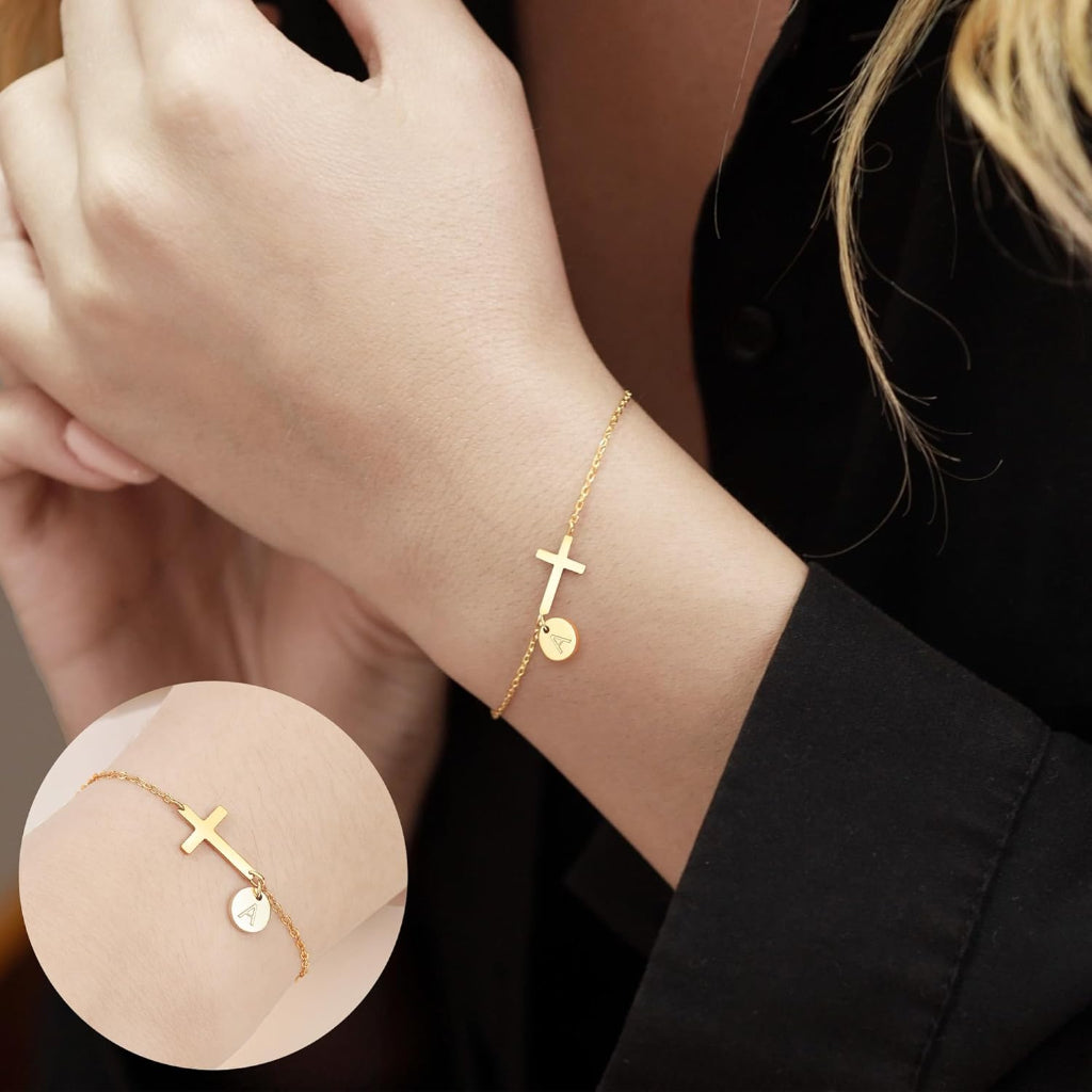Mother's Day Cross Initial Bracelet With Adjustable Chain