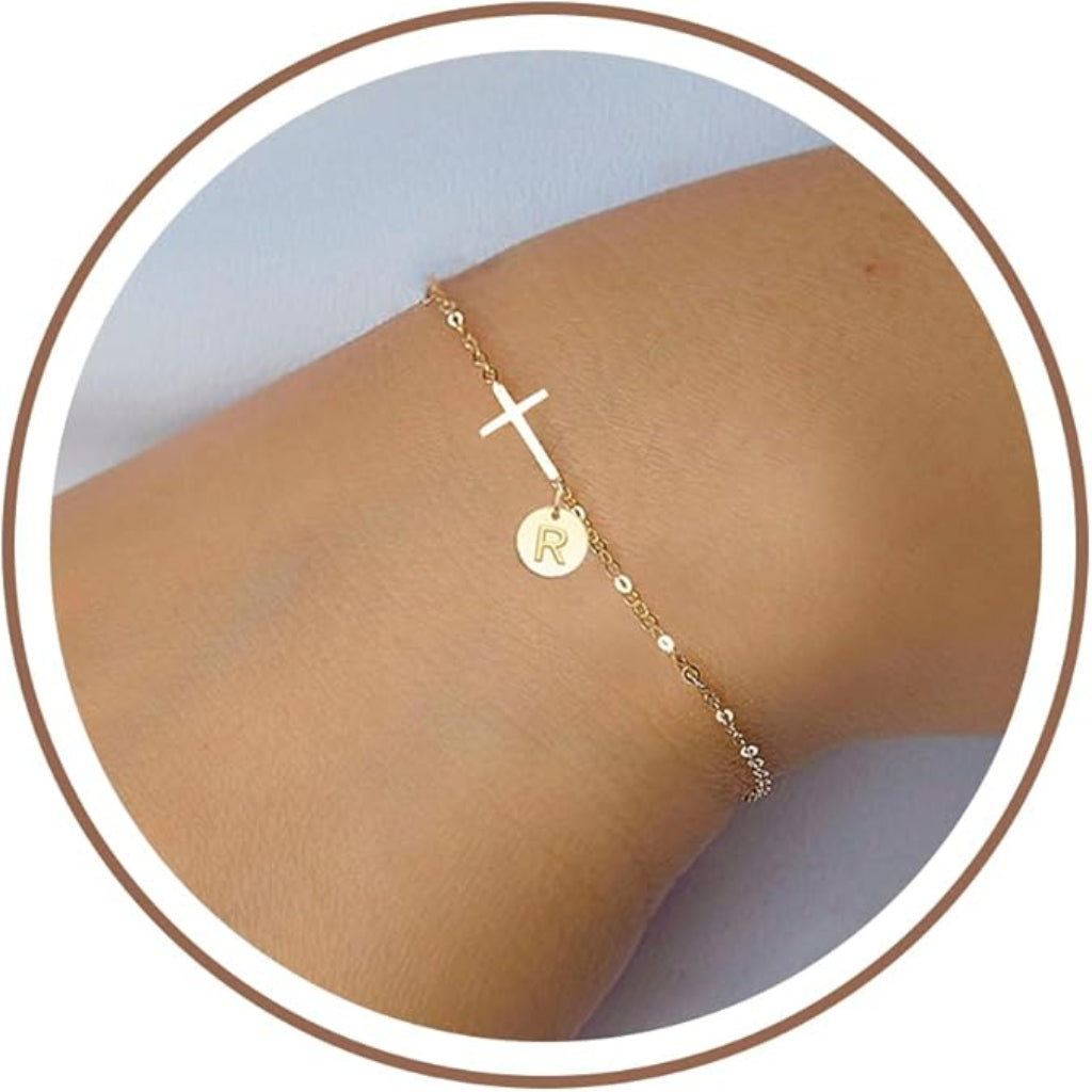 Mother's Day Cross Initial Bracelet With Adjustable Chain
