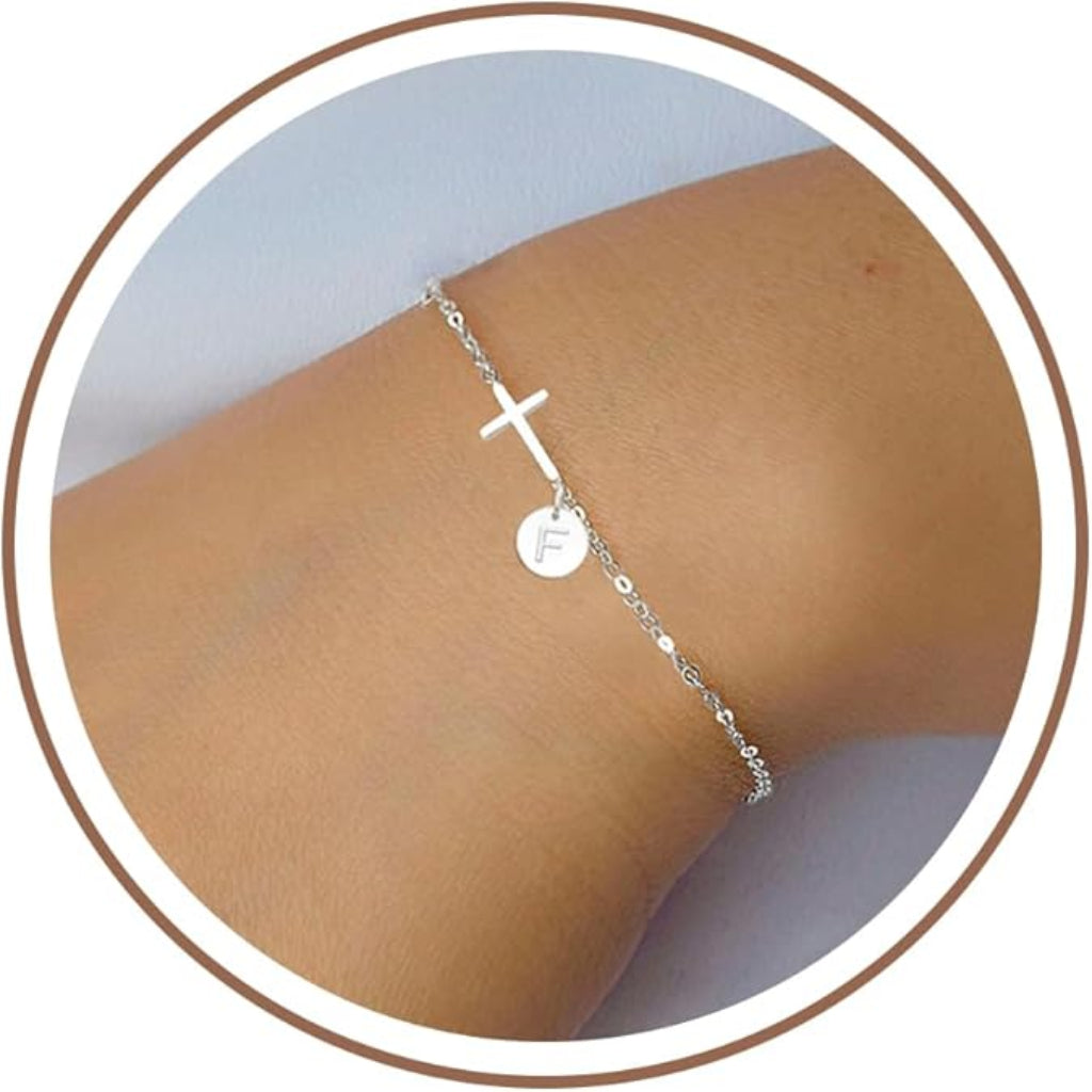 Mother's Day Cross Initial Bracelet With Adjustable Chain