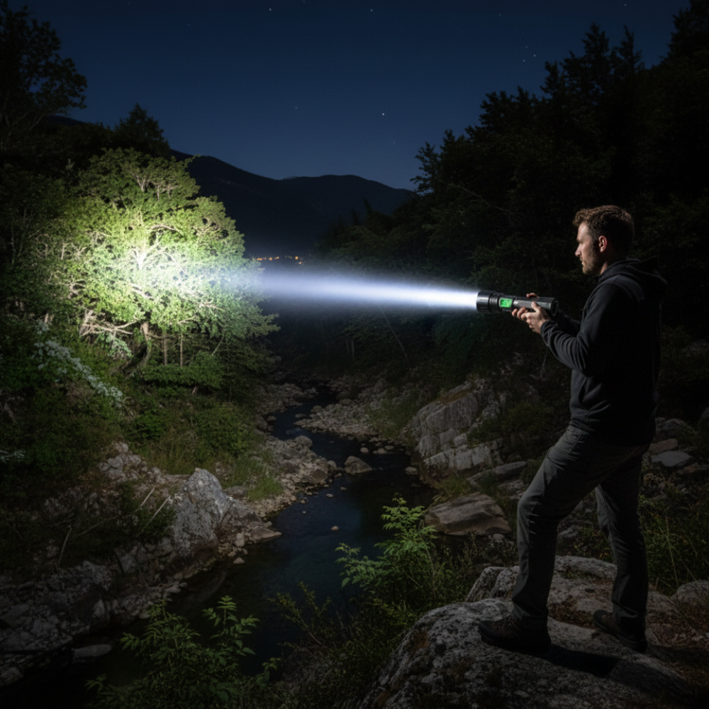 Ulkokäyttöön tarkoitettu LED-taskulamppu alumiinikotelolla ja ladattavalla virtalähteellä