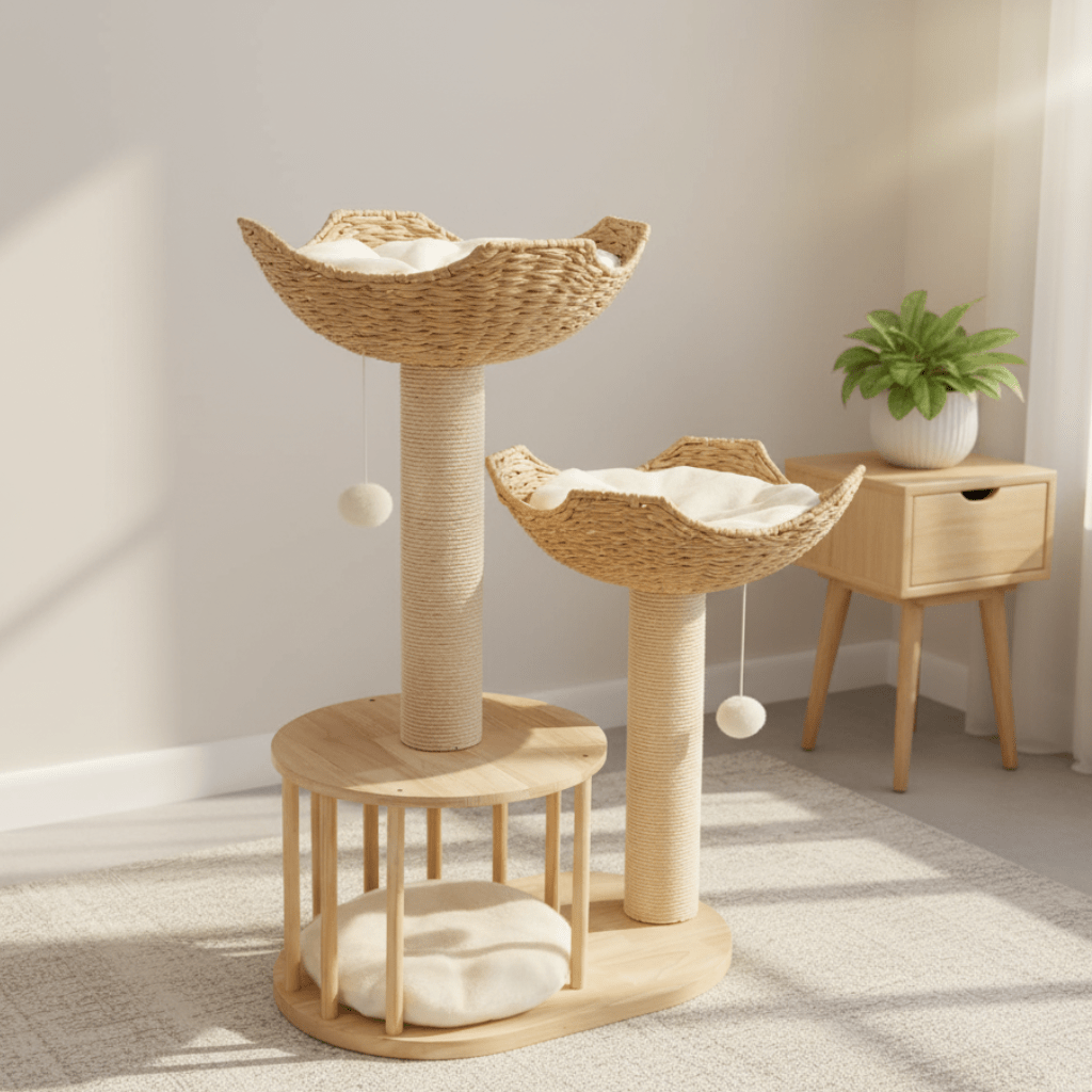 TriPaw Loft Copac de Pisici cu Trei Niveluri, Plusat, cu Stâlpi Solizi de Zgâriat din Sisal