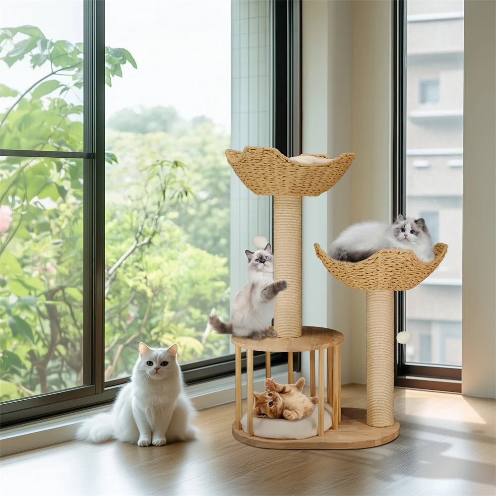 TriPaw Loft Copac de Pisici cu Trei Niveluri, Plusat, cu Stâlpi Solizi de Zgâriat din Sisal
