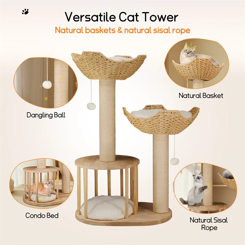 TriPaw Loft Copac de Pisici cu Trei Niveluri, Plusat, cu Stâlpi Solizi de Zgâriat din Sisal