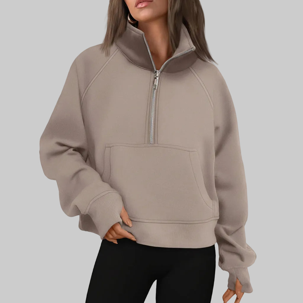 Dame Cropped Fleece Sweatshirt med Halv Lynlås til Hverdagsvarme