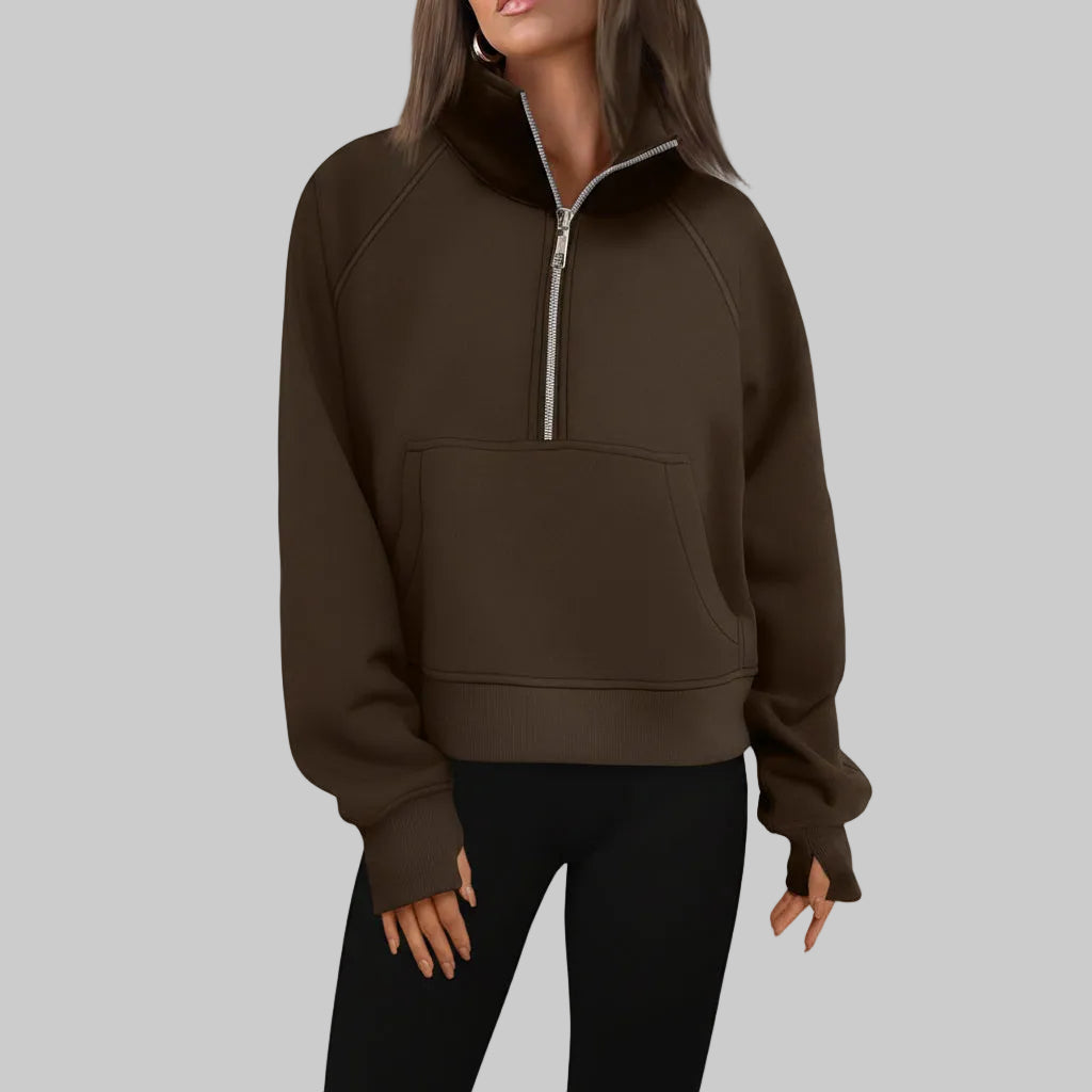 Dame Cropped Fleece Sweatshirt med Halv Lynlås til Hverdagsvarme