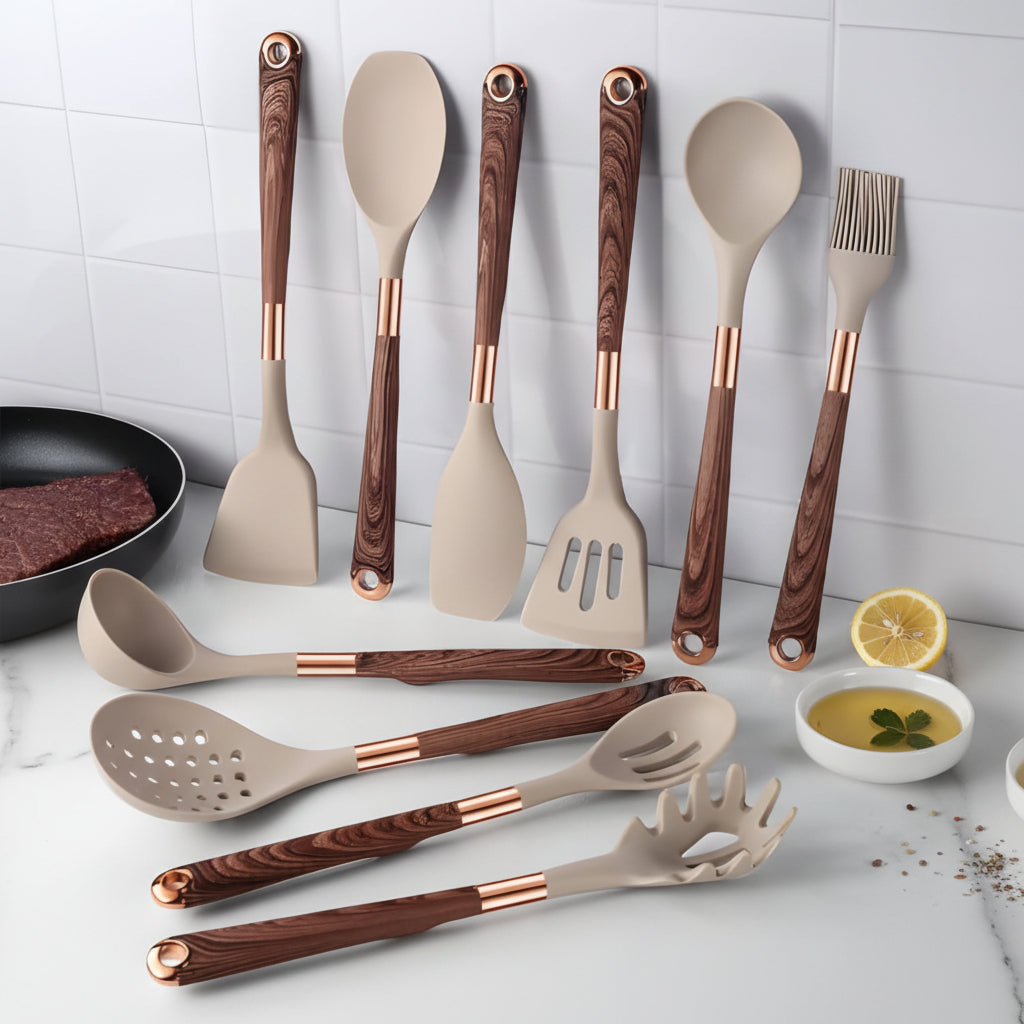 Aurelia Kitchen Elegant Silicone Utensil Set With Wood Look Handles