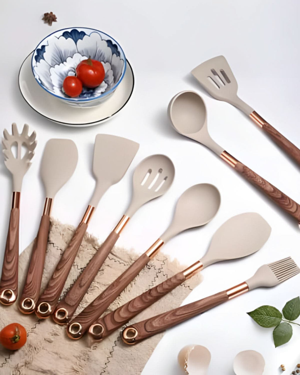 Aurelia Kitchen Elegant Silicone Utensil Set With Wood Look Handles
