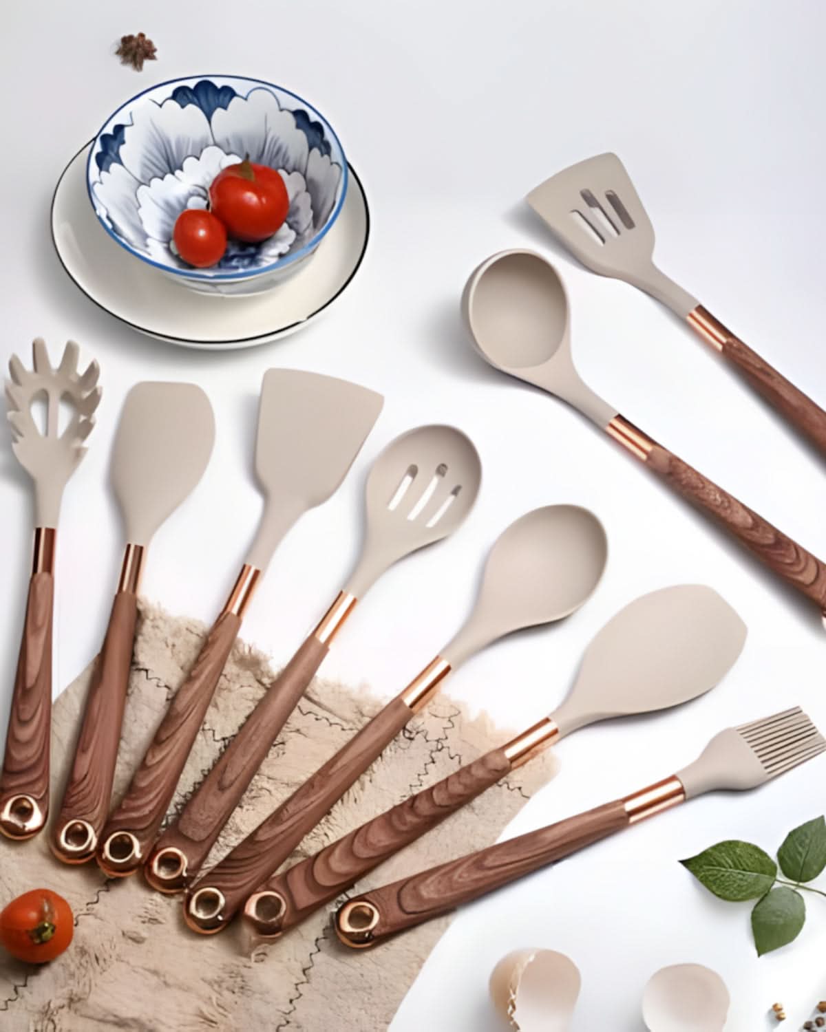 Aurelia Kitchen Elegant Silicone Utensil Set With Wood Look Handles