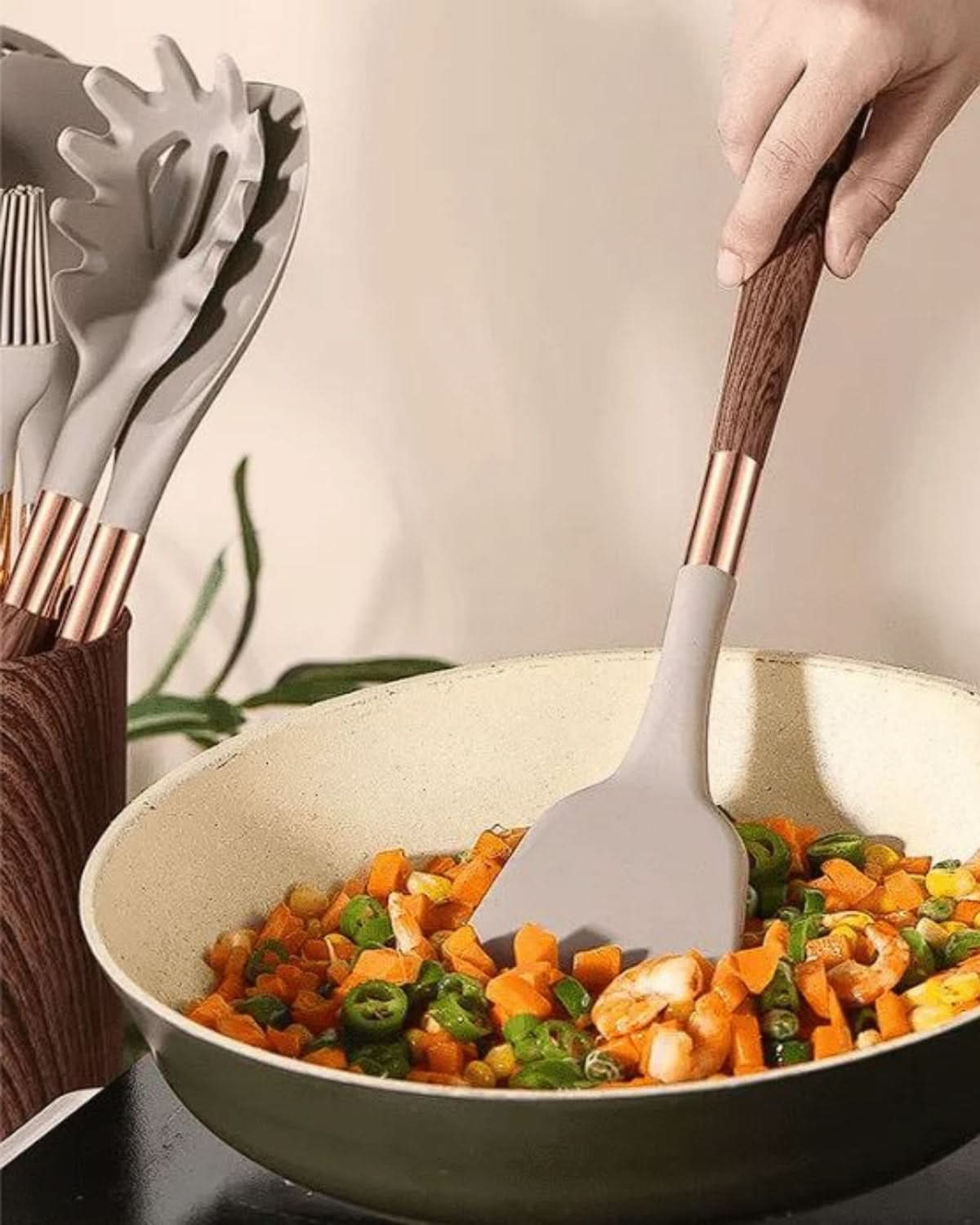 Aurelia Kitchen Elegant Silicone Utensil Set With Wood Look Handles