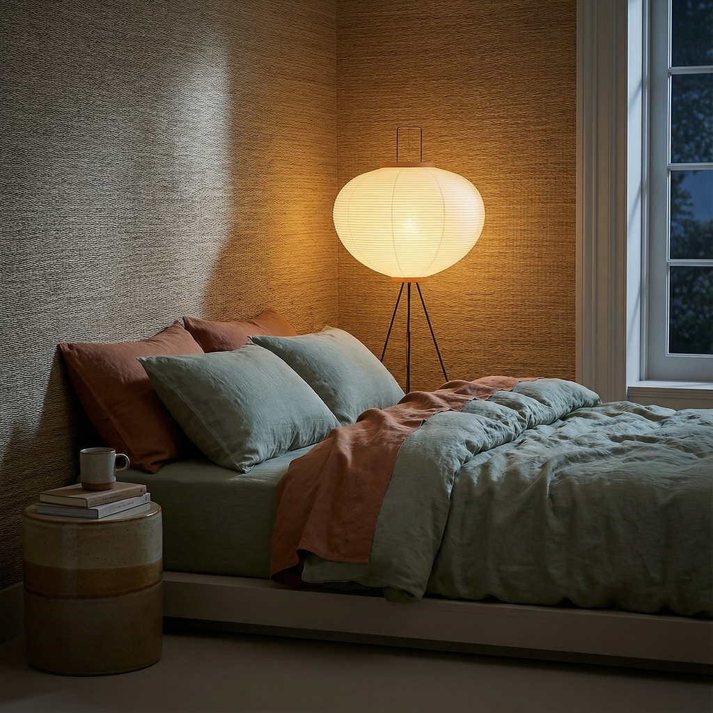 Lampa podłogowa CalmAura Japandi na trójnogu do salonu, spokojna i minimalistyczna