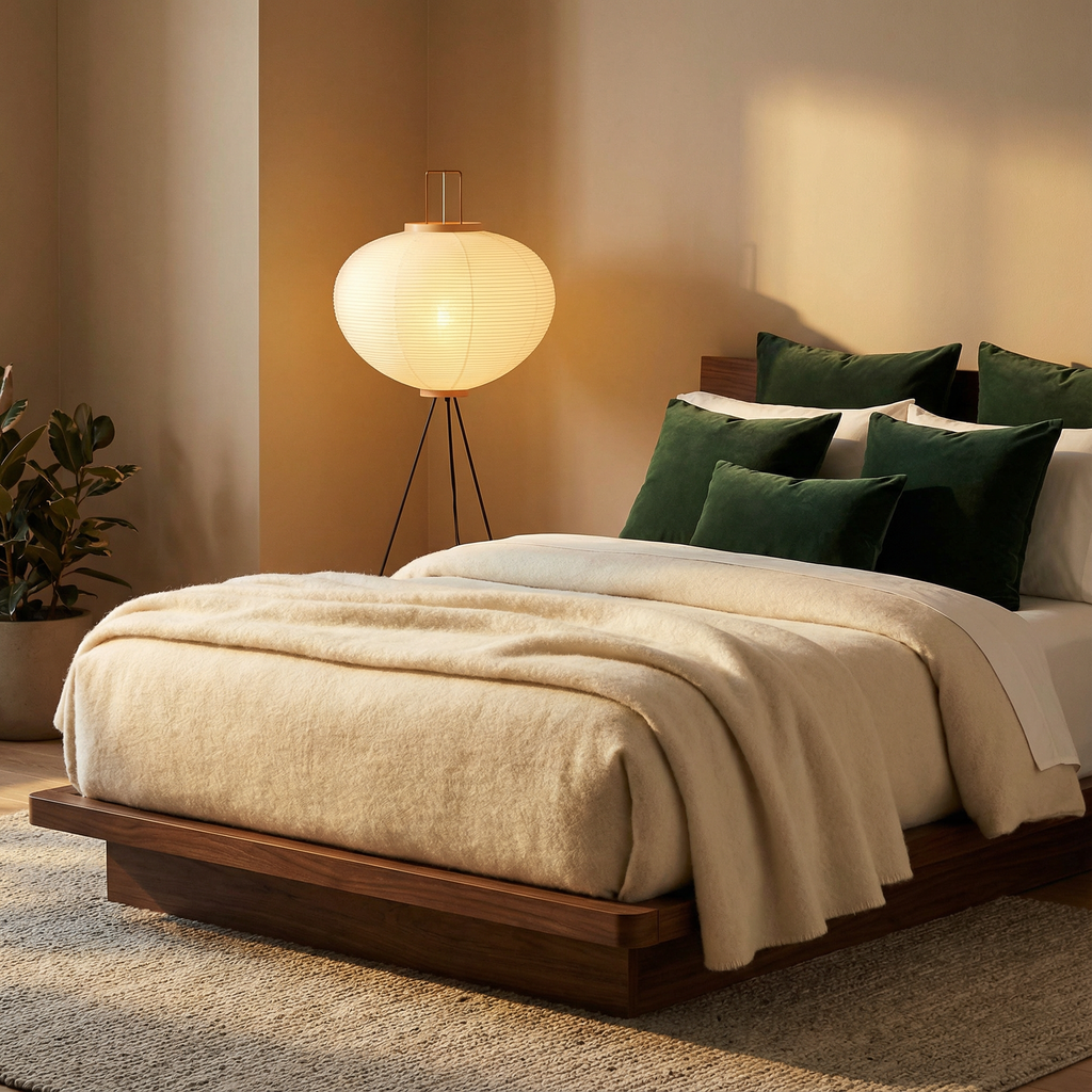 Lampa podłogowa CalmAura Japandi na trójnogu do salonu, spokojna i minimalistyczna