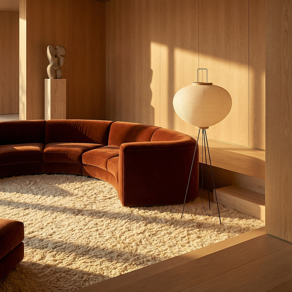 Lampa podłogowa CalmAura Japandi na trójnogu do salonu, spokojna i minimalistyczna