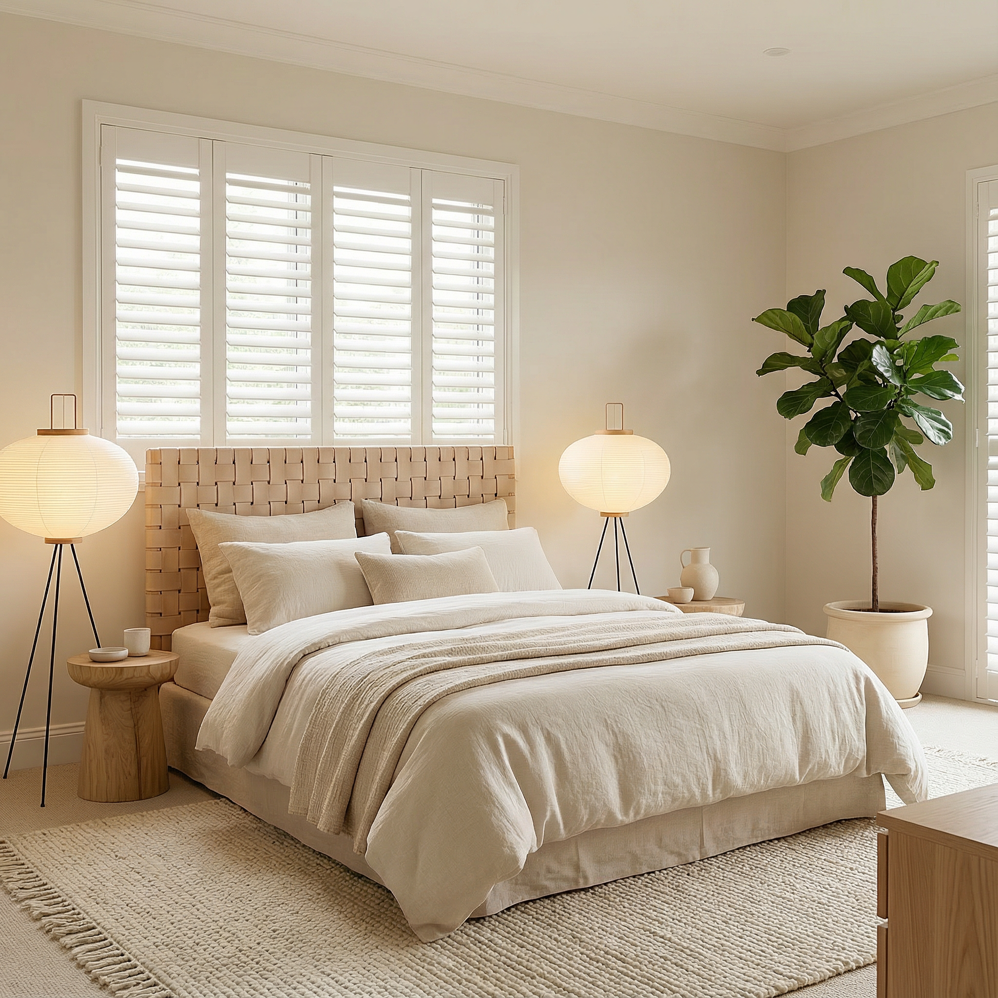 Lampa podłogowa CalmAura Japandi na trójnogu do salonu, spokojna i minimalistyczna