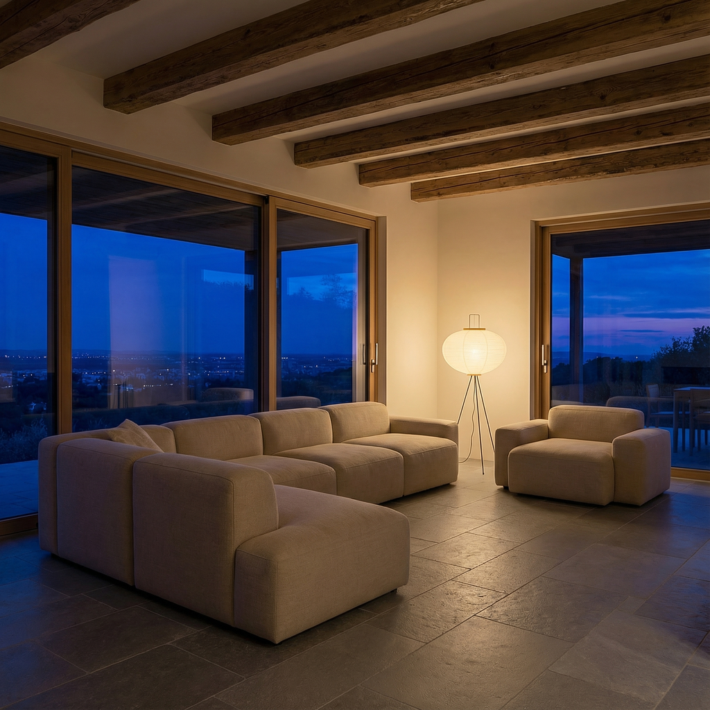 Lampa podłogowa CalmAura Japandi na trójnogu do salonu, spokojna i minimalistyczna