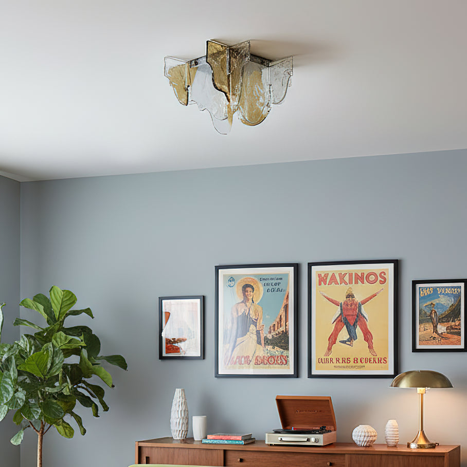 Lampada da soffitto in vetro soffiato a mano stile Murano con fumo grigio ambra trasparente