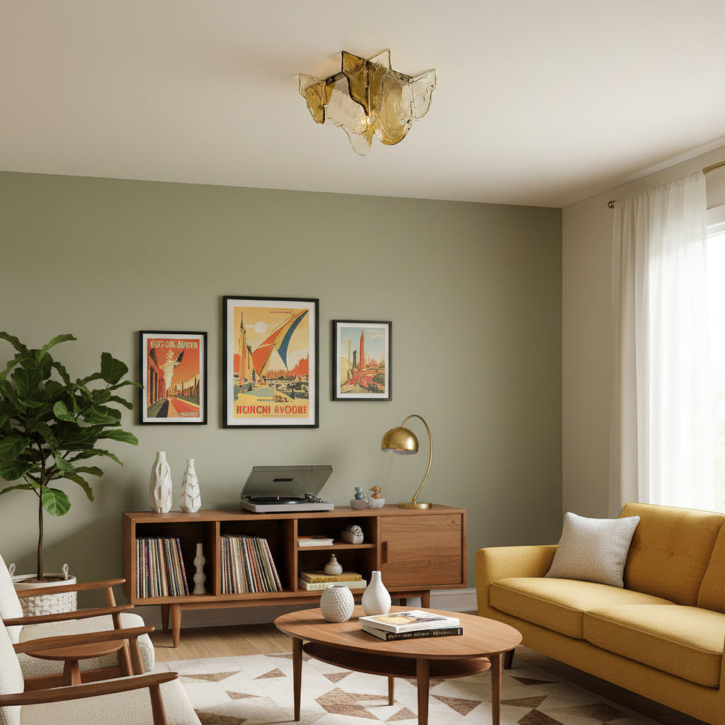 Lampada da soffitto in vetro soffiato a mano stile Murano con fumo grigio ambra trasparente