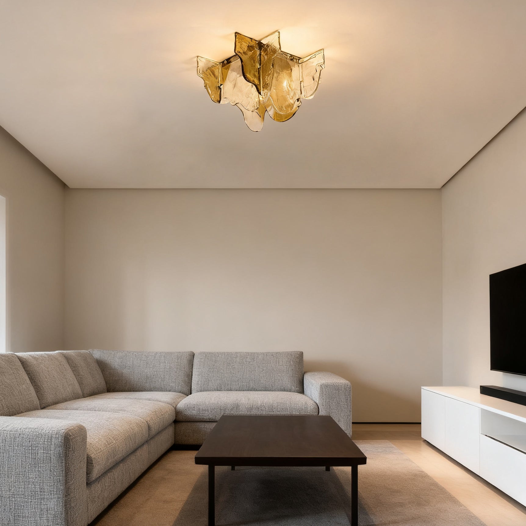 Lampada da soffitto in vetro soffiato a mano stile Murano con fumo grigio ambra trasparente