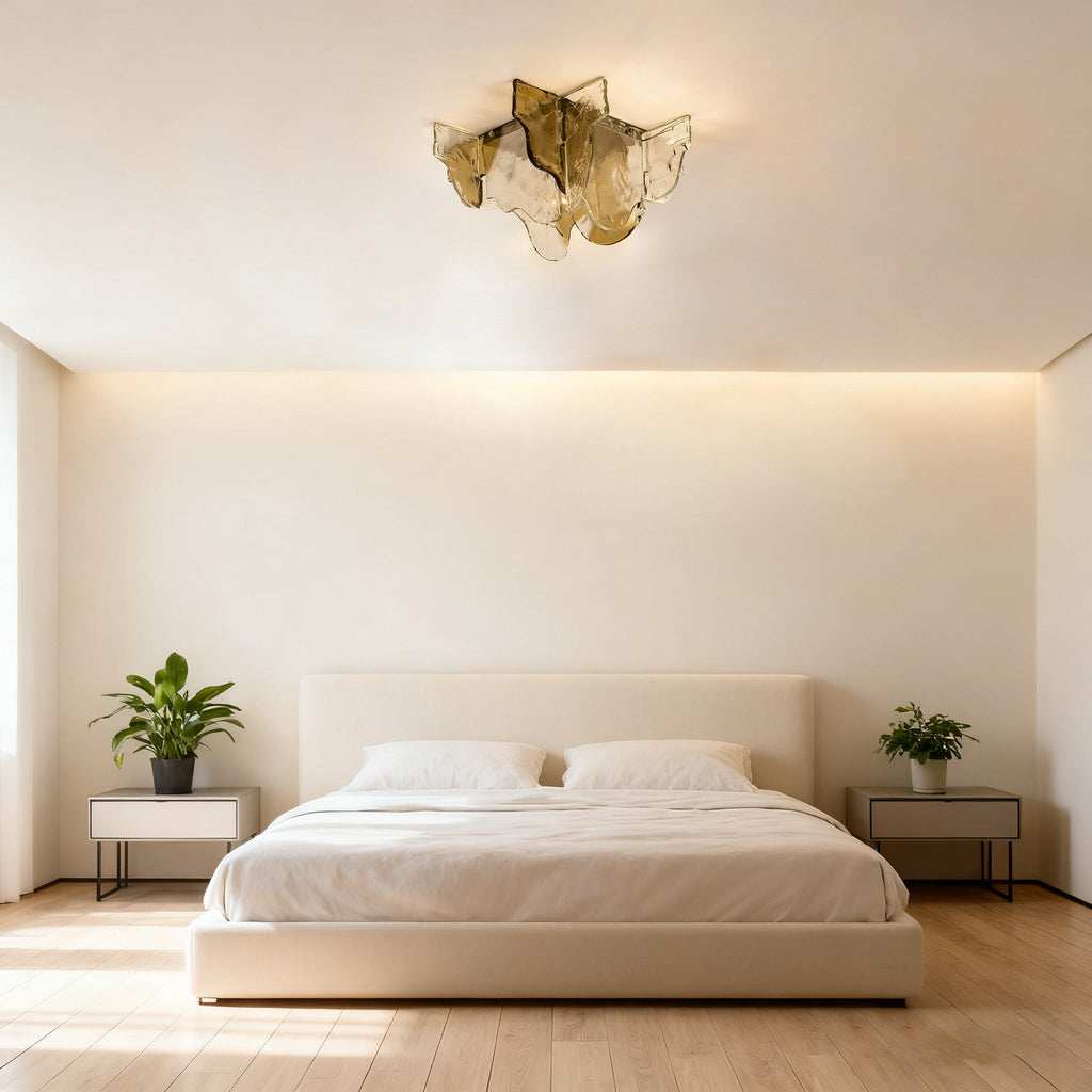 Lampada da soffitto in vetro soffiato a mano stile Murano con fumo grigio ambra trasparente