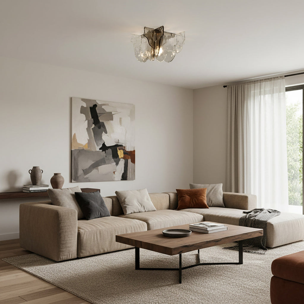 Lampada da soffitto in vetro soffiato a mano stile Murano con fumo grigio ambra trasparente