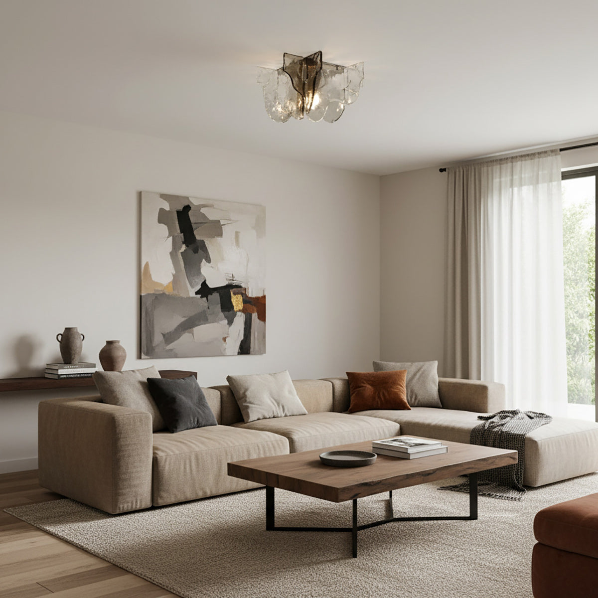 Lampada da soffitto in vetro soffiato a mano stile Murano con fumo grigio ambra trasparente