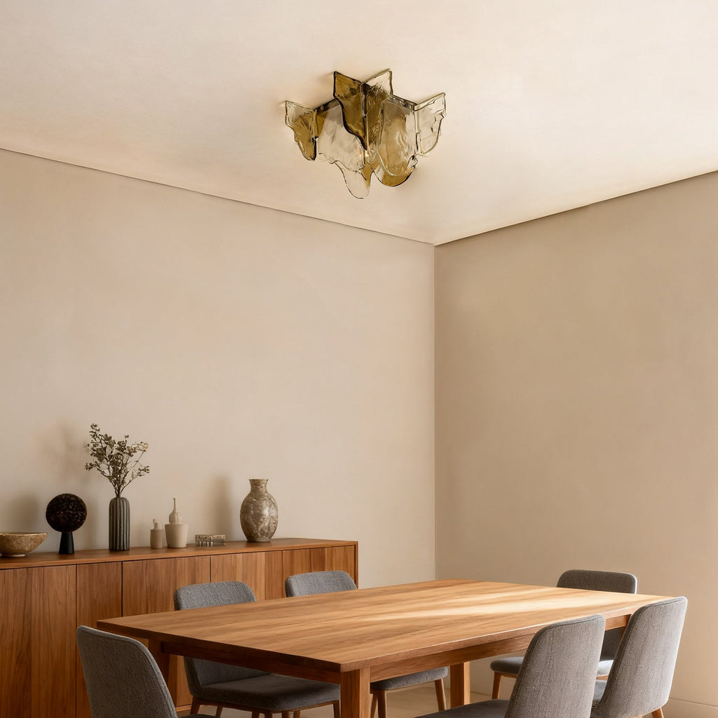 Lampada da soffitto in vetro soffiato a mano stile Murano con fumo grigio ambra trasparente