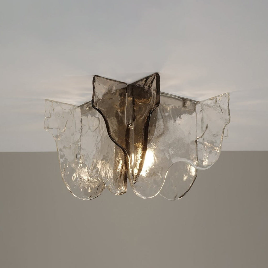 Lampada da soffitto in vetro soffiato a mano stile Murano con fumo grigio ambra trasparente