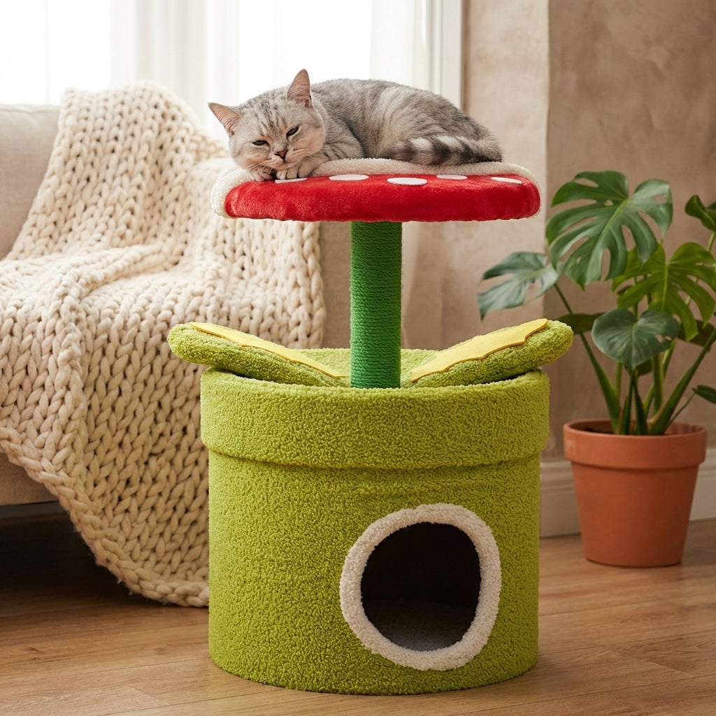 Albero per gatti a pianta carnivora con nascondiglio e tiragraffi in sisal e pelliccia Teddy | Rosalyssa