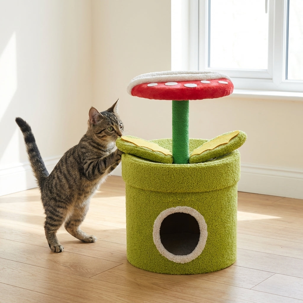 Albero per gatti a pianta carnivora con nascondiglio e tiragraffi in sisal e pelliccia Teddy | Rosalyssa