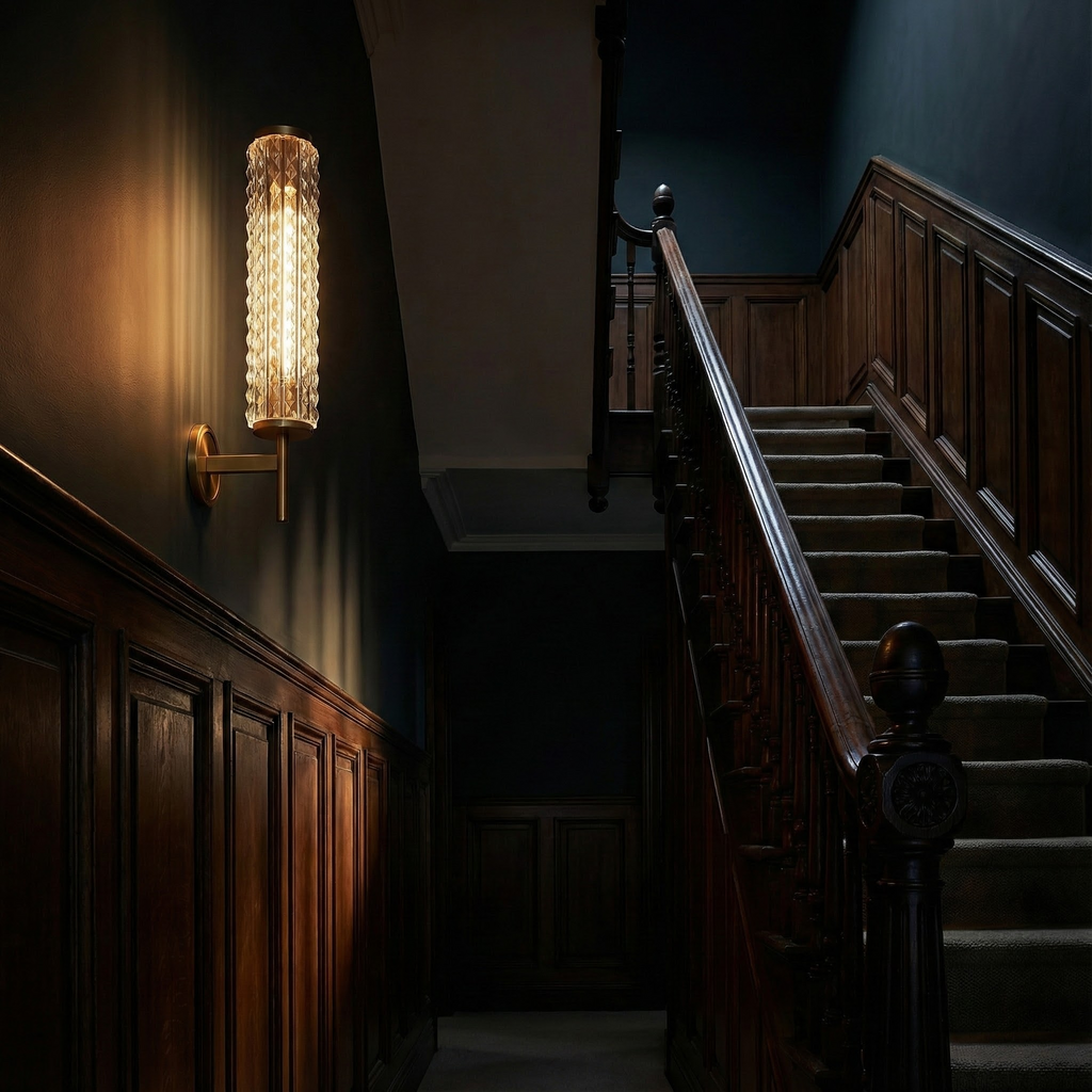 LuminaLine Elegancki Nowoczesny Mosiężny Kinkiet Ścienny z Szklaną Kolumną