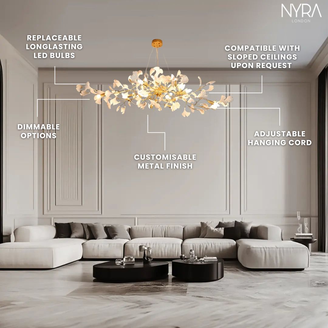 Aurelle Keramik-Blüten Kronleuchter mit satinierten Glasblüten und dimmbaren LED-Lampen