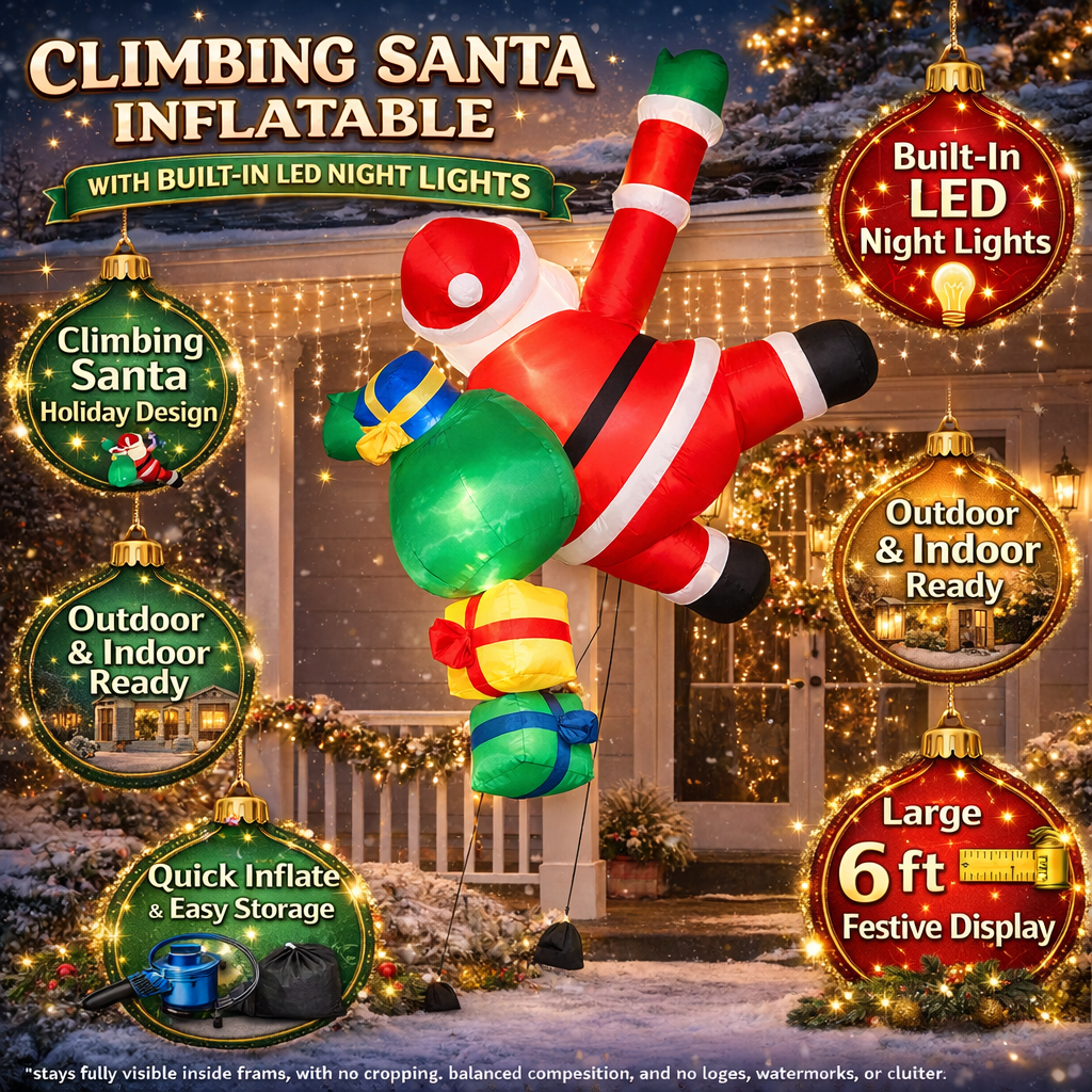 Père Noël Gonflable Grimpant avec Lumières LED pour Décoration de Noël Extérieure