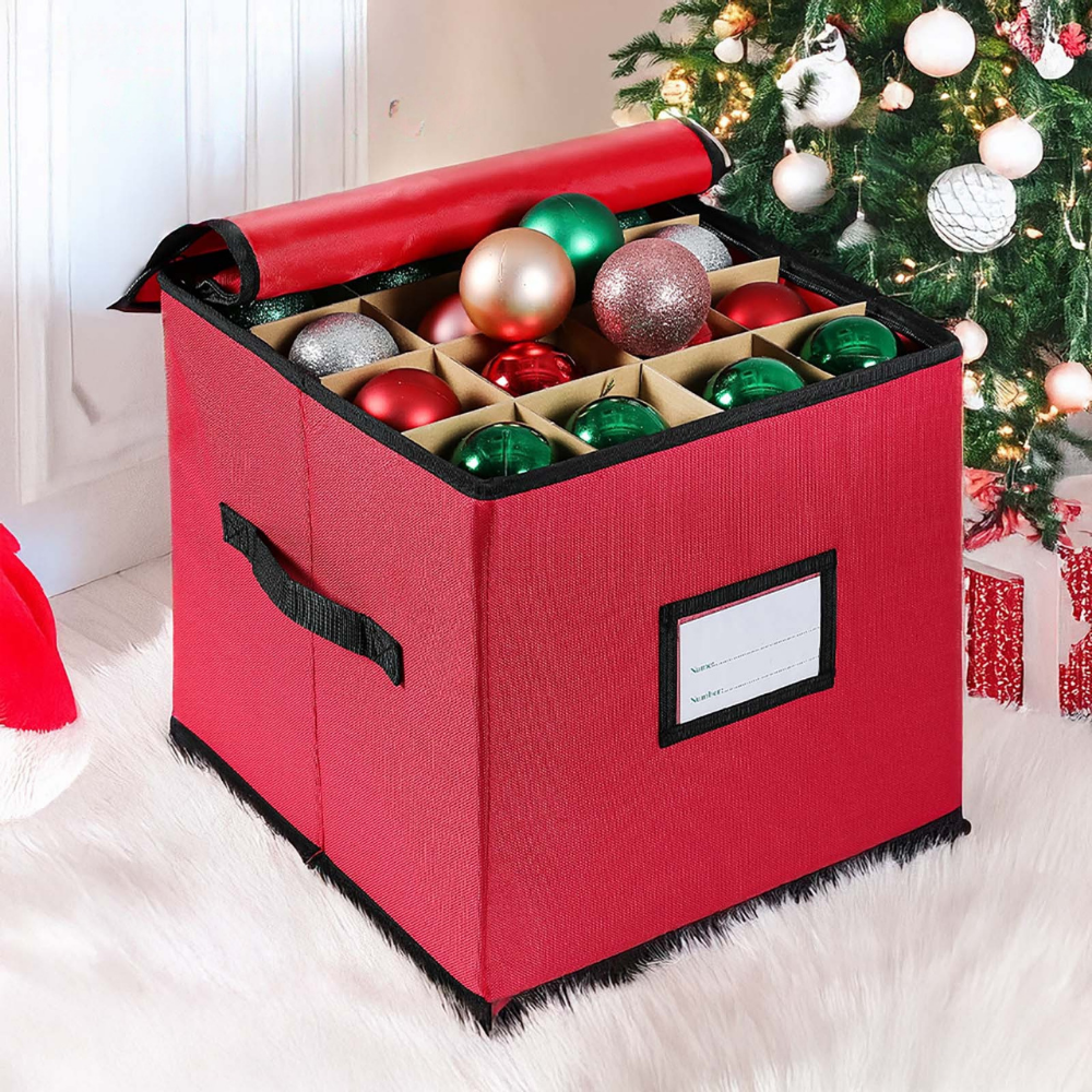 Holiday Ornament Storage Case With Adjustable Compartments And Clear Window