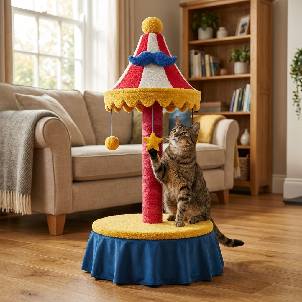 Set albero tiragraffi e letto per gatti in pile Teddy a tema circo, tre modelli | Rosalyssa