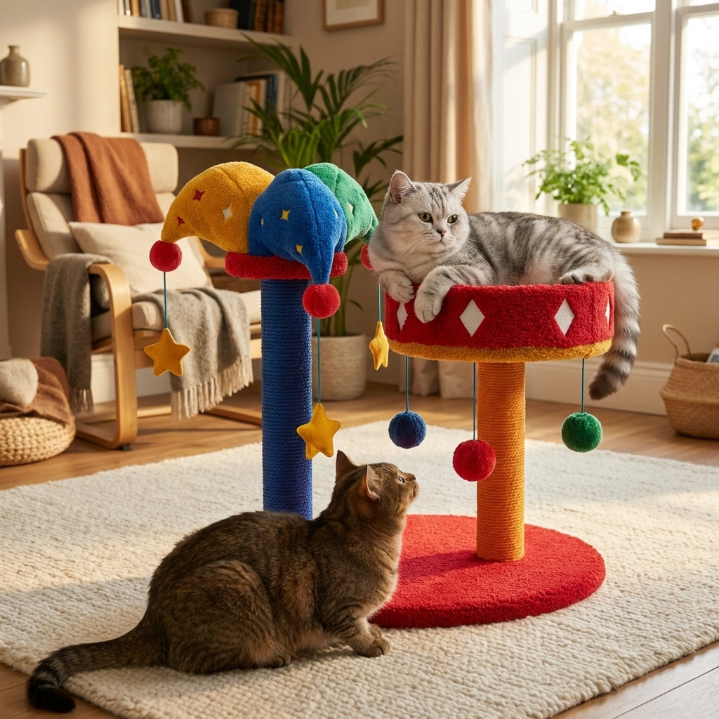 Set albero tiragraffi e letto per gatti in pile Teddy a tema circo, tre modelli | Rosalyssa